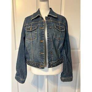 Harold's Medium Denim Jacket with Braided Hem and Distressed Details